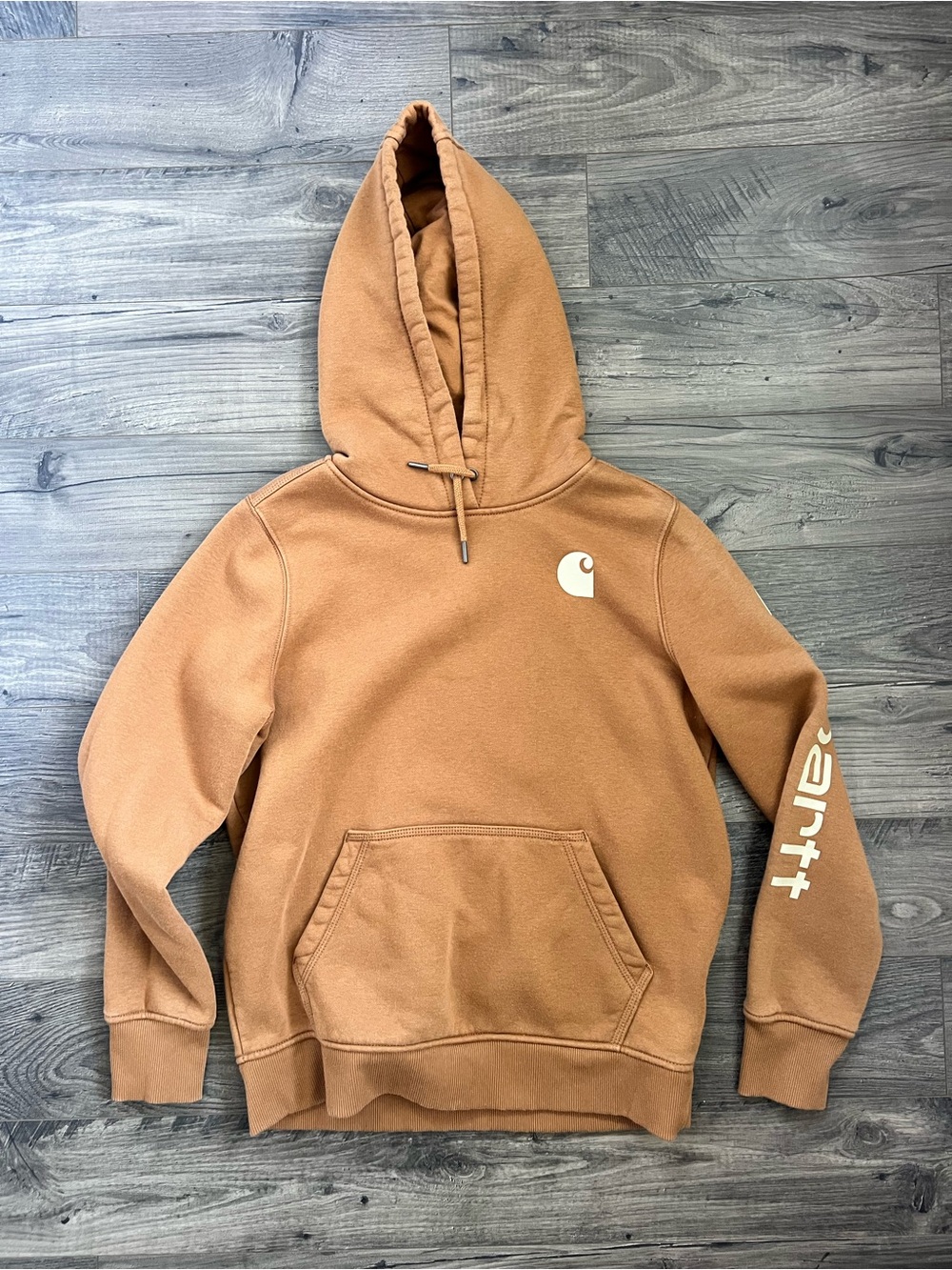 Carhartt Tan Crewneck Logo Hoodie - Chest Emblem & Sleeve Script